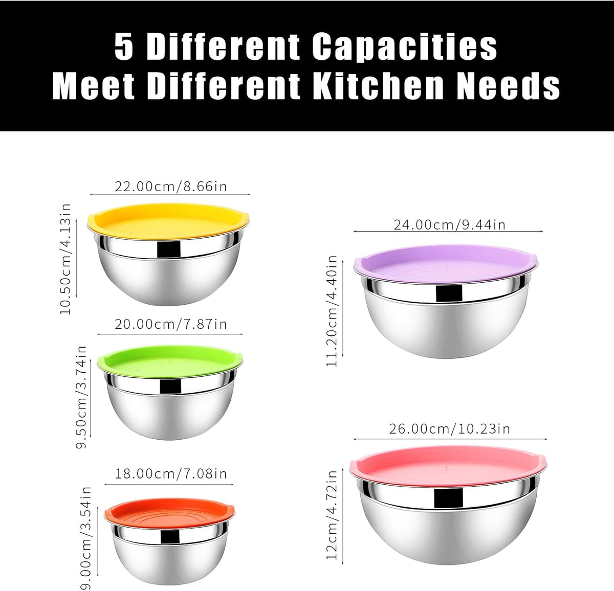 Lazycorner Mixing Bowls with Airtight Lids Set 5 Pcs Stainless Steel Bowls Set Baking Set Non-Slip Silicone Bottoms Great for Serving &amp; Baking