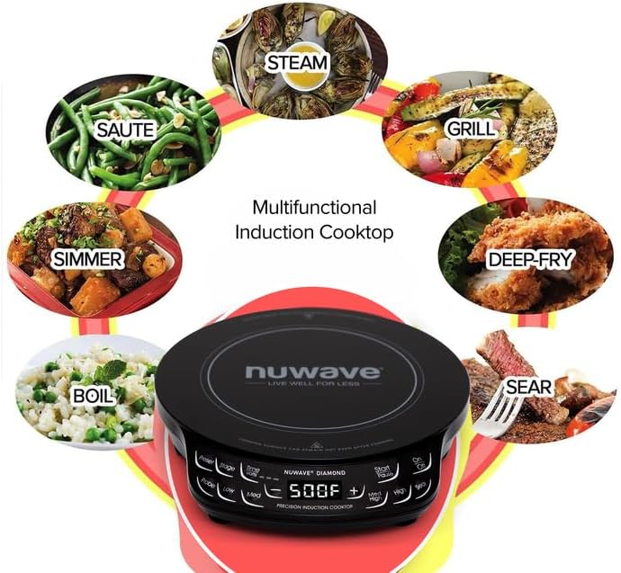 Nuwave Diamond Induction Cooktop, New & Improved Electric Burner with Probe, 91 Temps 50°F to 500°F, 6.5” Heating Coil, Shatter-Proof Ceramic Glass, 3 Wattage Settings, Ideal for Dorms, RVs & Apts