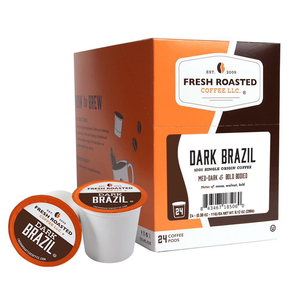 Fresh Roasted Coffee, Dark Brazil, K-Cup Pods for Keurig Brewers Med-Dark Roast, Kosher, 24 Count (Pack of 1)