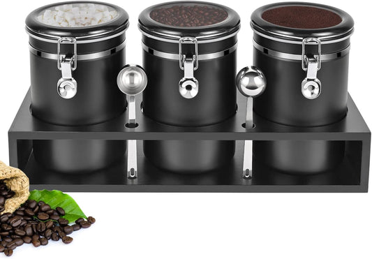 Yangbaga 3x63OZ Sugar Coffee Canisters with Shelf, 304 Stainless Steel Coffee Station Container for Ground Coffee Bean