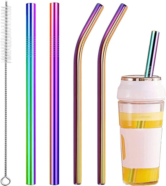 Vinaco Reusable Smoothie Straws, 0.4'' Wide Stainless Steel, 10.5'' & 8.5'' Long, 4 Pack with 1 Cleaner for Milkshake,