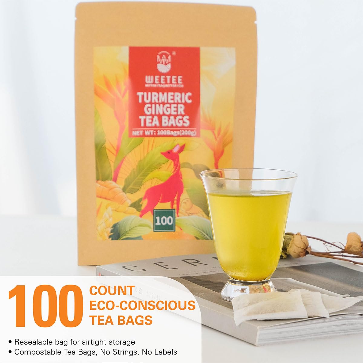 WT WEETEE Turmeric Ginger Tea Bags 100 Count, Rich Antioxidant Warm &amp; Spicy | 100% Pure Turmeric and Ginger Root Herbal Blend Savory &amp; Spicy, Caffeine-free Spice Tea for Golden Milk &amp; Daily Refreshment