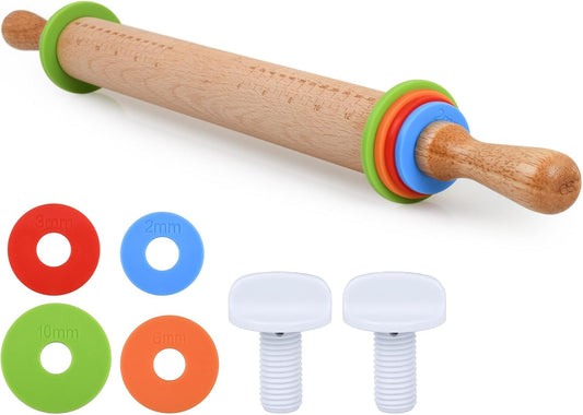Rolling Pin with 4 Adjustable Thickness Rings and Long Handle 13.6 Inch Wooden Dough Roller for Baking, Dough, Cookie, Cake,
