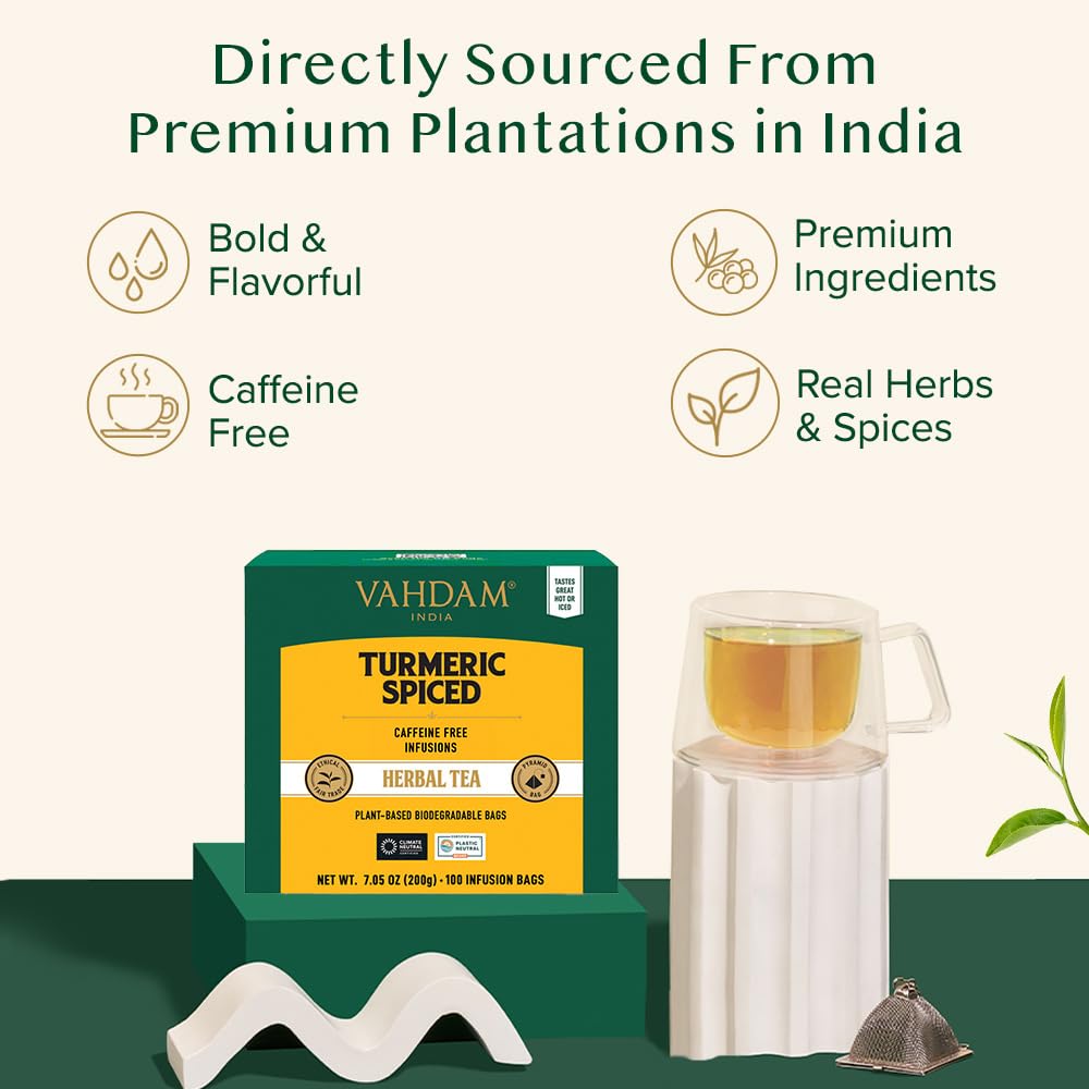 VAHDAM Turmeric Ginger Cinnamon Tea Bags with Black Pepper (100 Count) | Pleasant Spice, Warm &amp; Non Bitter |High Curcumin for Daily Wellness |Non GMO |Curcuma with Black Pepper for Better Absorption