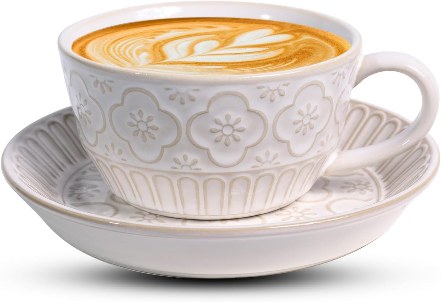 Latte Cup with Saucer, 12 OZ Cappuccino Cup Vintage Cafe Art Cups for Espresso Turkish Coffee, Farmh