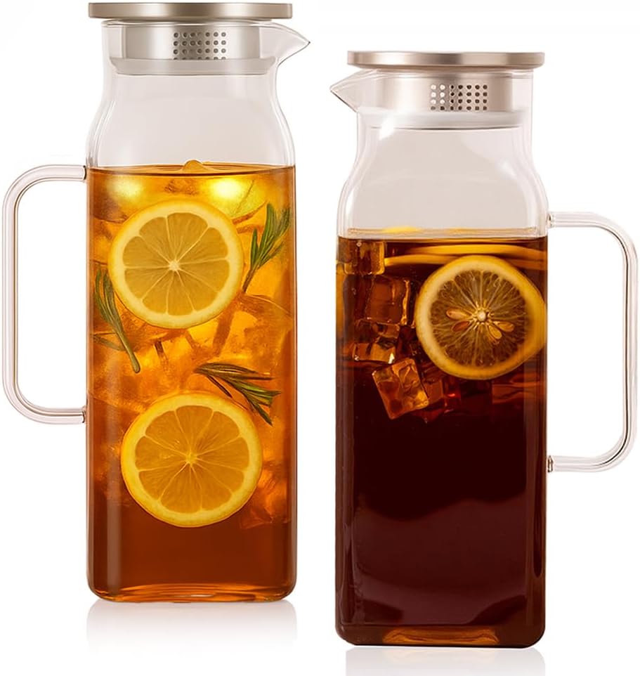 Glass Pitcher with Lid and Spout, 2L/68oz Square Pitcher