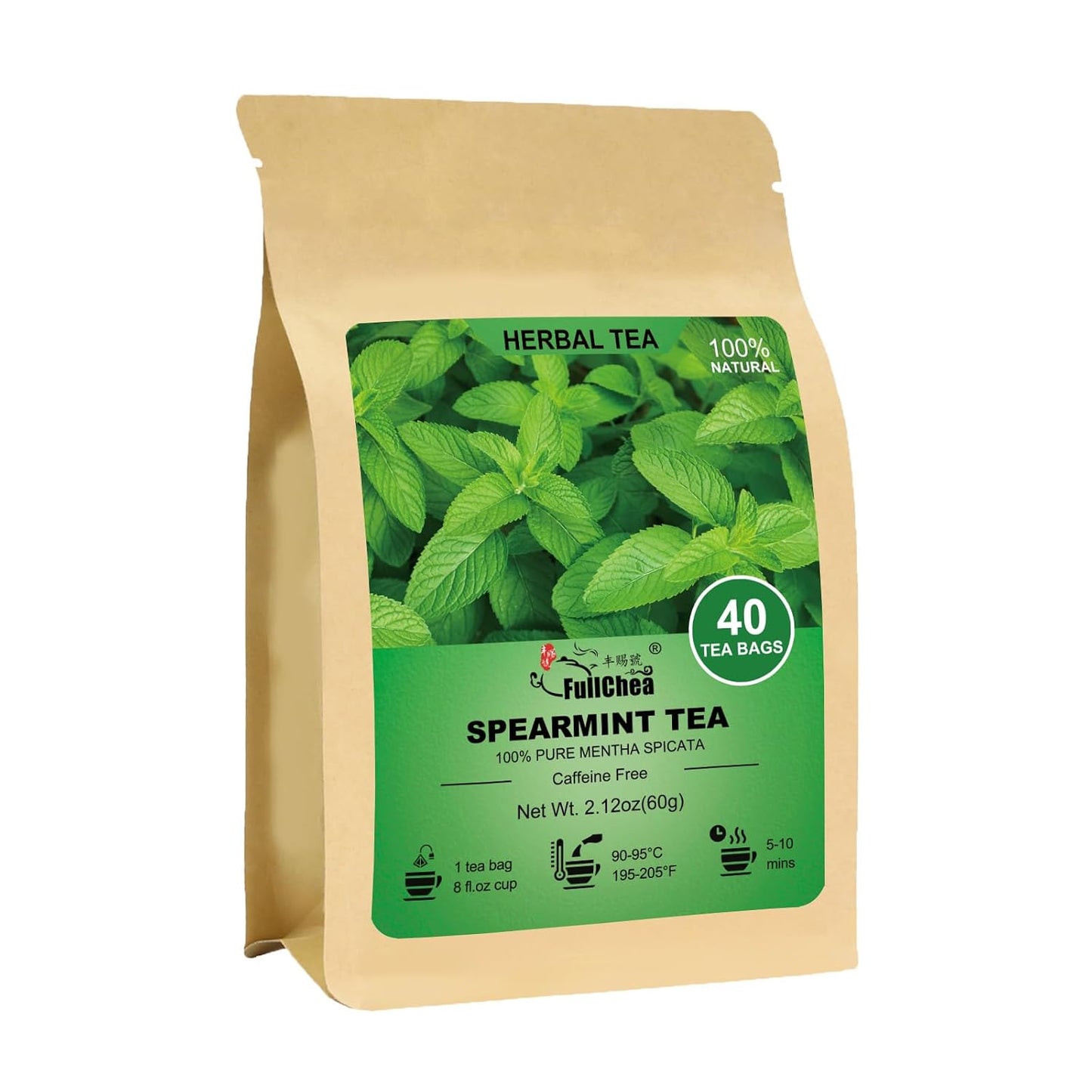 FullChea Spearmint Tea Bags, 40 Counts, Non-GMO, Caffeine-Free | Pure Dried Spearmint Leaf, Supports Digestion, Rich in Antioxidants. No Additives, Resealable Pouch