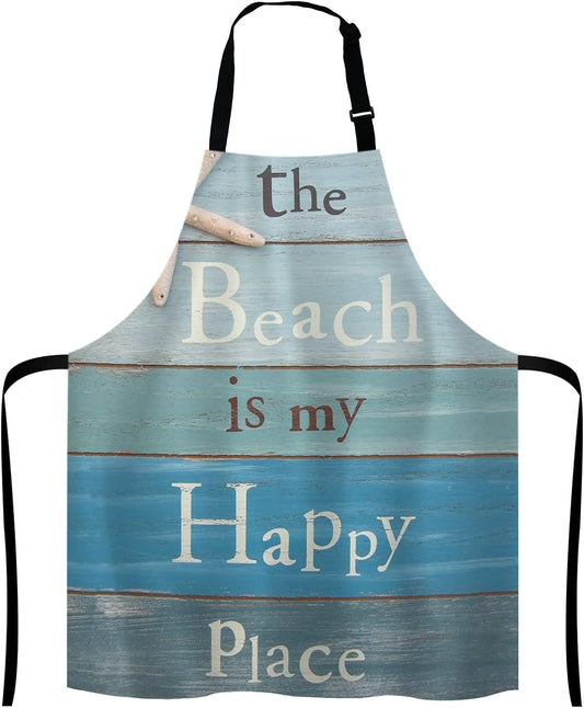 The Beach Is My Happy Place Bib Apron with Adjustable Neck for Men Women,Suitable for Home Kitchen Cooking Waitress Chef