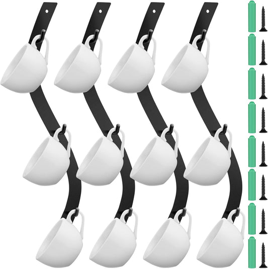Sosation 4 Pack Coffee Mug Wall Rack Mounted with 12 Hooks S Curve Metal Coffee Cup Rack Wall Hanging Holder for Bar Kitchen