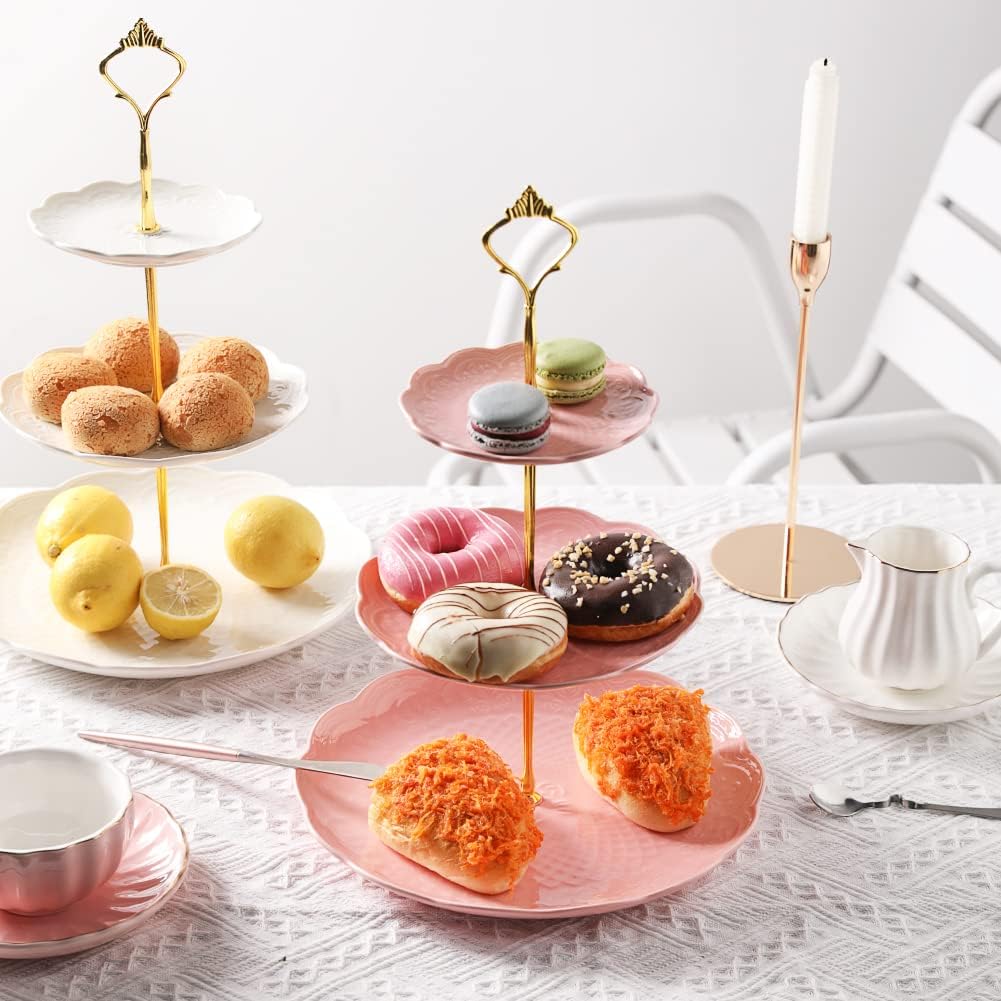 Sweejar 3 Tier Ceramic Cake Stand Wedding, Dessert Cupcake Stand for Tea Party Serving Platter(Rose Pink)