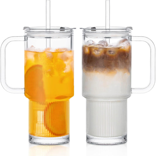 INSETLAN 26oz Glass Tumbler with Handle & Lid – 2-Pack Large Iced Coffee Cups with Straws, Modern Glass Mug for Cold & Hot