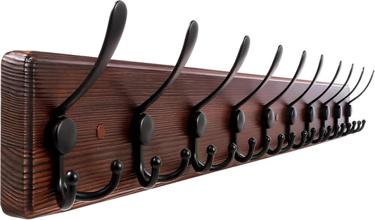 38.6'' Large Coat Rack Wall Mount Coat Hooks Coat Hanger with 10 Metal Black Triple- Hooks Brown Pine Real Wood Plank Hat