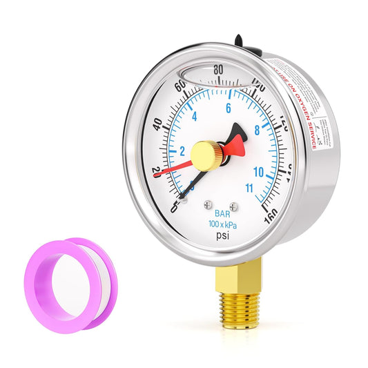 0-160PSI Stainless Steel with Reset Pointer Liquid Filled Pressure Gauge, 2.5" Dial Size, 1/4" NPT Lower Mount, for Tube,