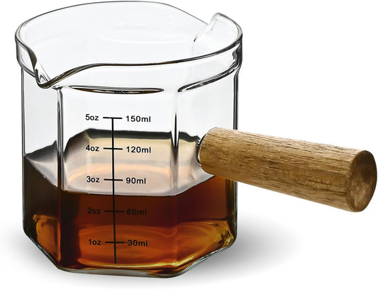 Glass Measuring Cup, 5oz Clear Espresso Shot Glass with Wood Handle, Double Spouts Measuring Triple Pitcher Milk Cup for