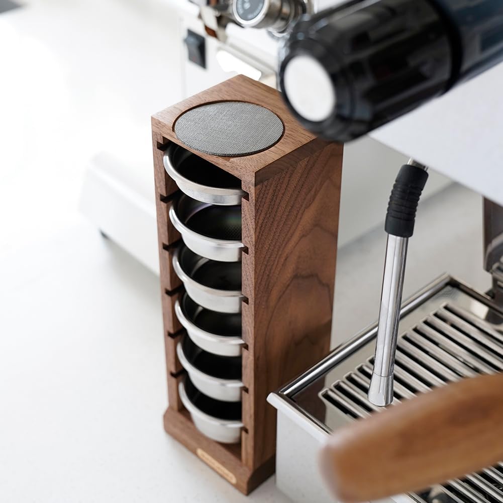 watchget 58mm Espresso Filter Basket Stand Portafilter Basket Holder Rack | Holds 6 Espresso Filter Basket; Puck Screen Holder; Walnut Wood