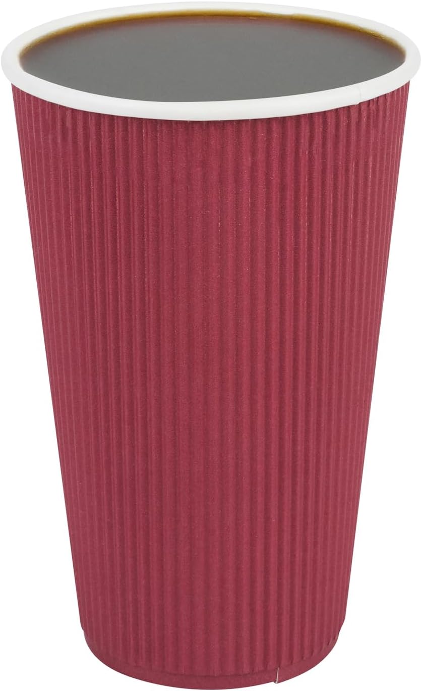 Restaurantware Ripple Wall Coffee Cups 500 Count 16 Ounce Insulated Crimson Paper Cups, Rolled Rim Spill-Resistant Disposable Paper Non-Slip for Coffee, Beverages