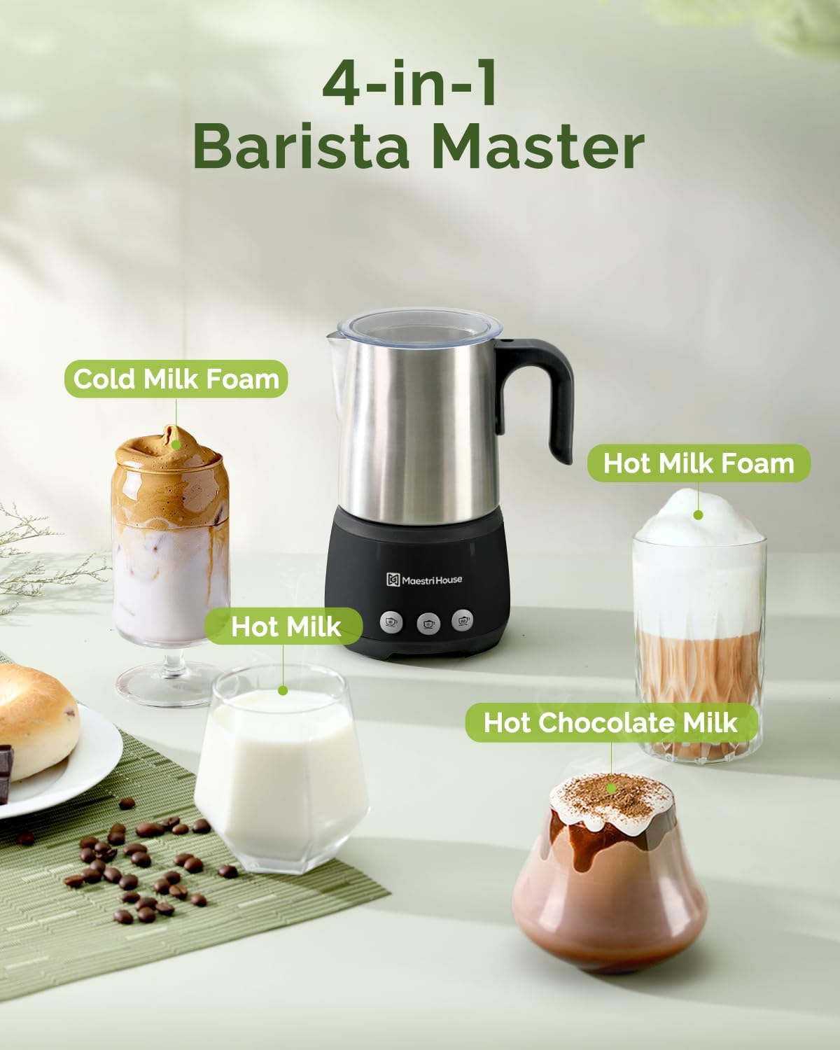 Maestri House Milk Frother, 4-in-1 Electric Milk Steamer and Frother, 16.9OZ 600W Smart Touch Control Hot and Cold Foam Maker, Memory Function for Latte, Cappuccinos, Warm Milk, Hot Chocolate Milk
