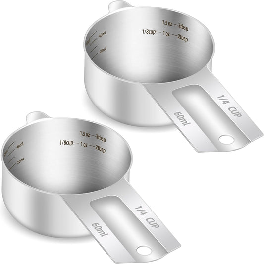 2PCS 1/4Cup (60ml, 2oz) Single Measuring Cup, Etched Inner Scale Stainless Steel Measure Scoop, Metric and US Measurement,