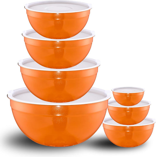 Orange Mixing Bowls with Lids Set of 7, Stainless Steel Nesting Bowl with Khaki Lid for Non-slip Mixing Prepping Storing
