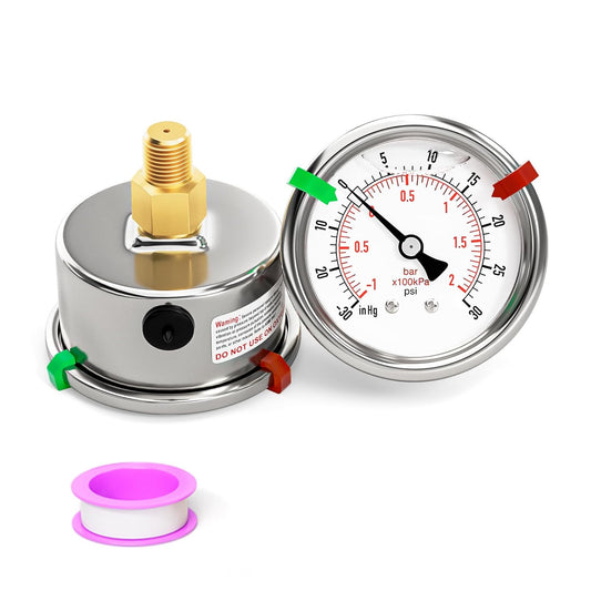 -30inHG-30PSI Stainless Steel Liquid Filled Pressure Gauge, 2.5" Dial Size, 1/8" NPT Back Mount, for Tube, Water Pump, Gas,