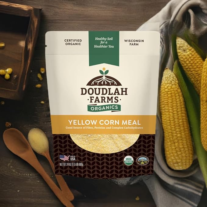 Organic Yellow Cornmeal 1.5 lb Fine Grind - Non-GMO, Gluten-Free, Sugar-Free, Farmed From Regenerative Soil, Vegan, Grown In USA, For Baking Cornbread, Muffins, Pancakes, and More by Doudlah Farms