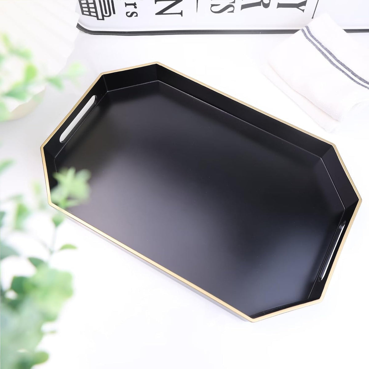 Black Decorative Tray with Handles, Octagon Versatile Serving Tray for Coffee Table, Ottoman, Ideal for Serving, Displaying, Organizing | Decorative Tray, Serving Tray for Displaying, Organizing, 15.7"*10.2"*1.57"