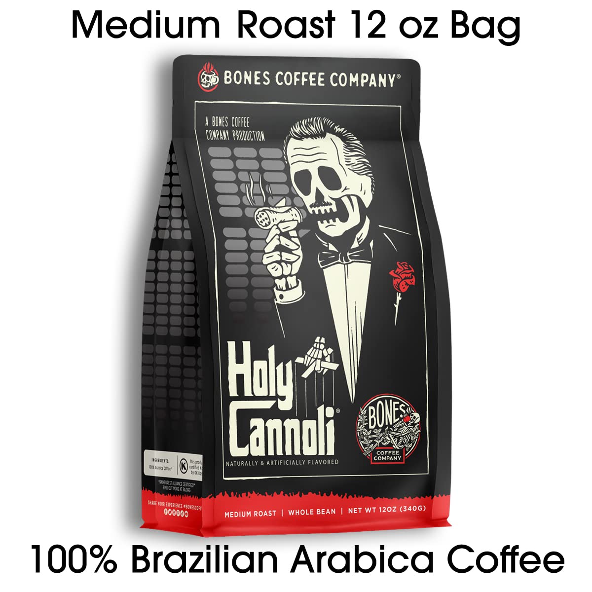 Bones Coffee Company Holy Cannoli, Baked Cannoli Flavored Coffee, Medium Roast Low Acid Arabica Beans Compatible with Auto drip and French Press Coffee Maker, 12 Oz Ground