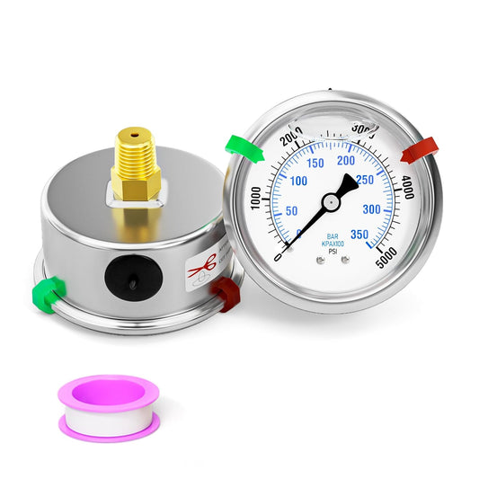 0-5000psi Stainless Steel Glycerin Liquid Filled Pressure Gauge 1/4" NPT 2.5" Face Dial Center Back Mount, for Water, Oil