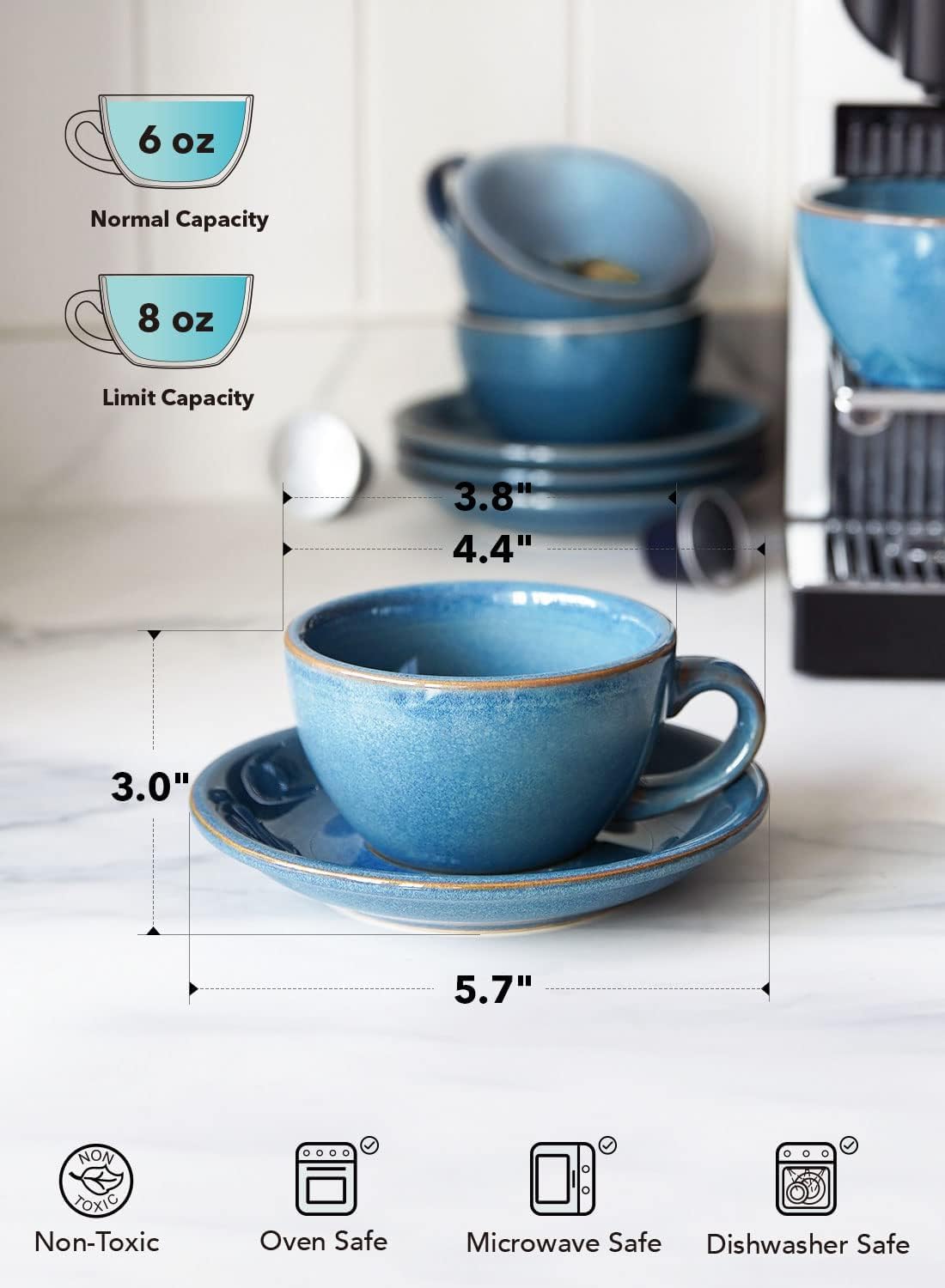 LE TAUCI 6 oz Cappuccino Cups with Saucers, Set of 4 Ceramic Coffee Cup and Saucer Set for Latte, Au Lait, Flat White, Mocha, Tea, Embossed Coffee Cups, Ceylon Blue