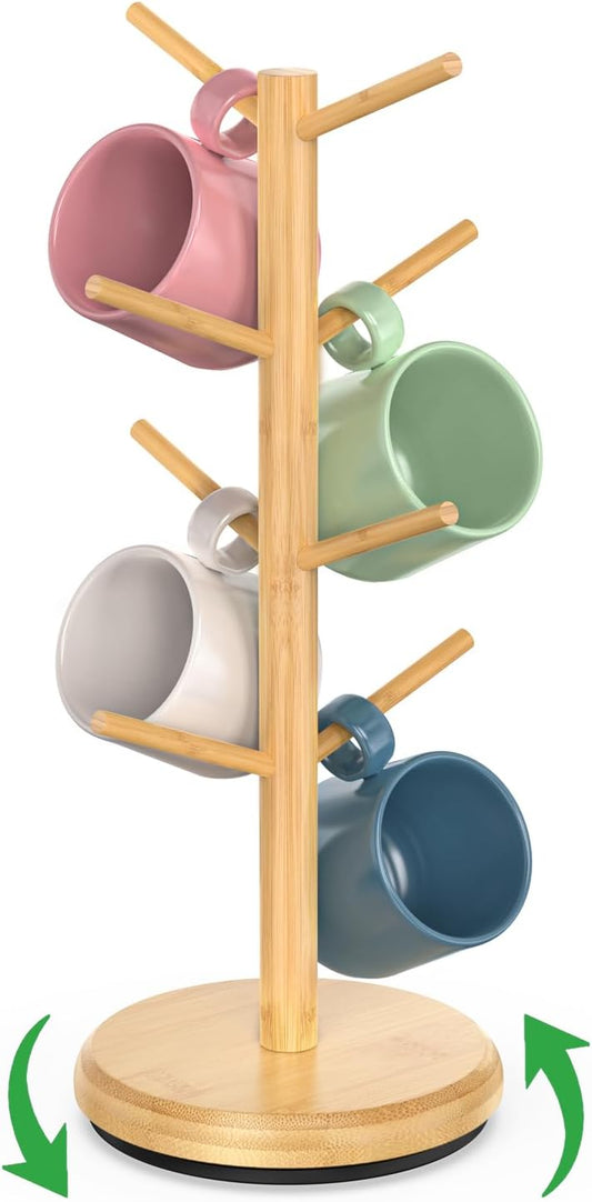 BAMBANG Mug Holder Tree, 360° Rotating 8 Hooks Coffee Cup Holder for Counter Top, Bamboo Coffee Mug Rack Stand for Kitchen
