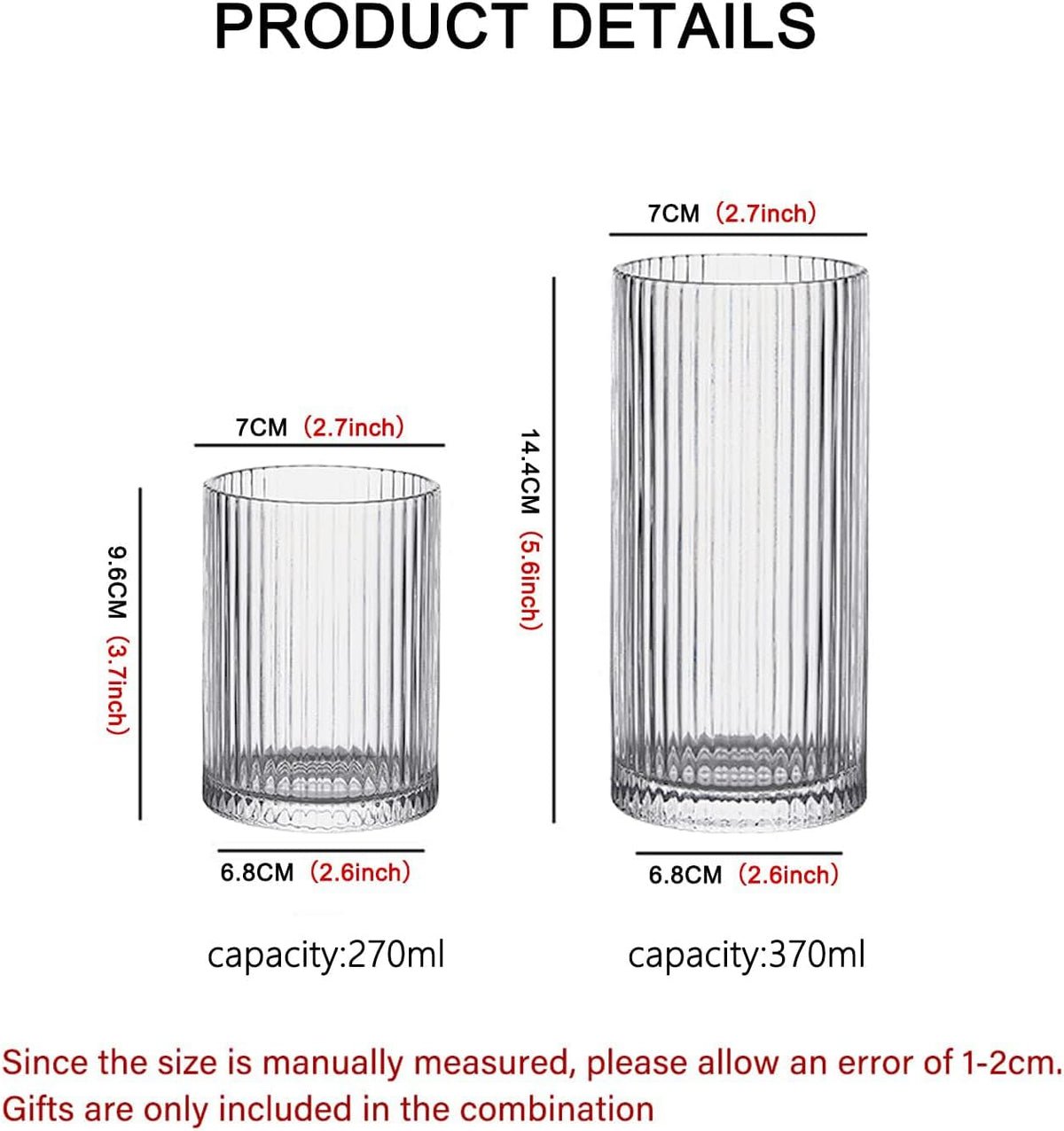 INSETLAN Glass Cups Vintage Glassware Set of 4 Large, Origami Style Transparent Cocktail Glasses Set, Bar Beverages Ice Coffee Cup Juice Ripple Drinkware, 370ml (L)