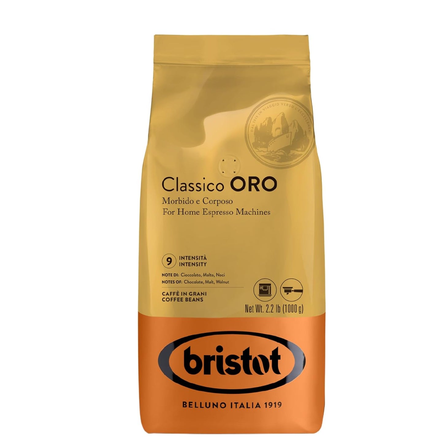 Bristot Classico Oro Italian Espresso Beans, Italian Imported Coffee Beans Whole, Medium Roast, Low Acid, 2.2 lb/1kg
