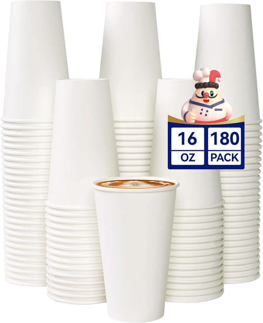 JOLLY CHEF 180 Count 16 oz Coffee Cups, White Drinking Paper Cups for Coffee, Water, Juice, or Tea, Suitable for Party,