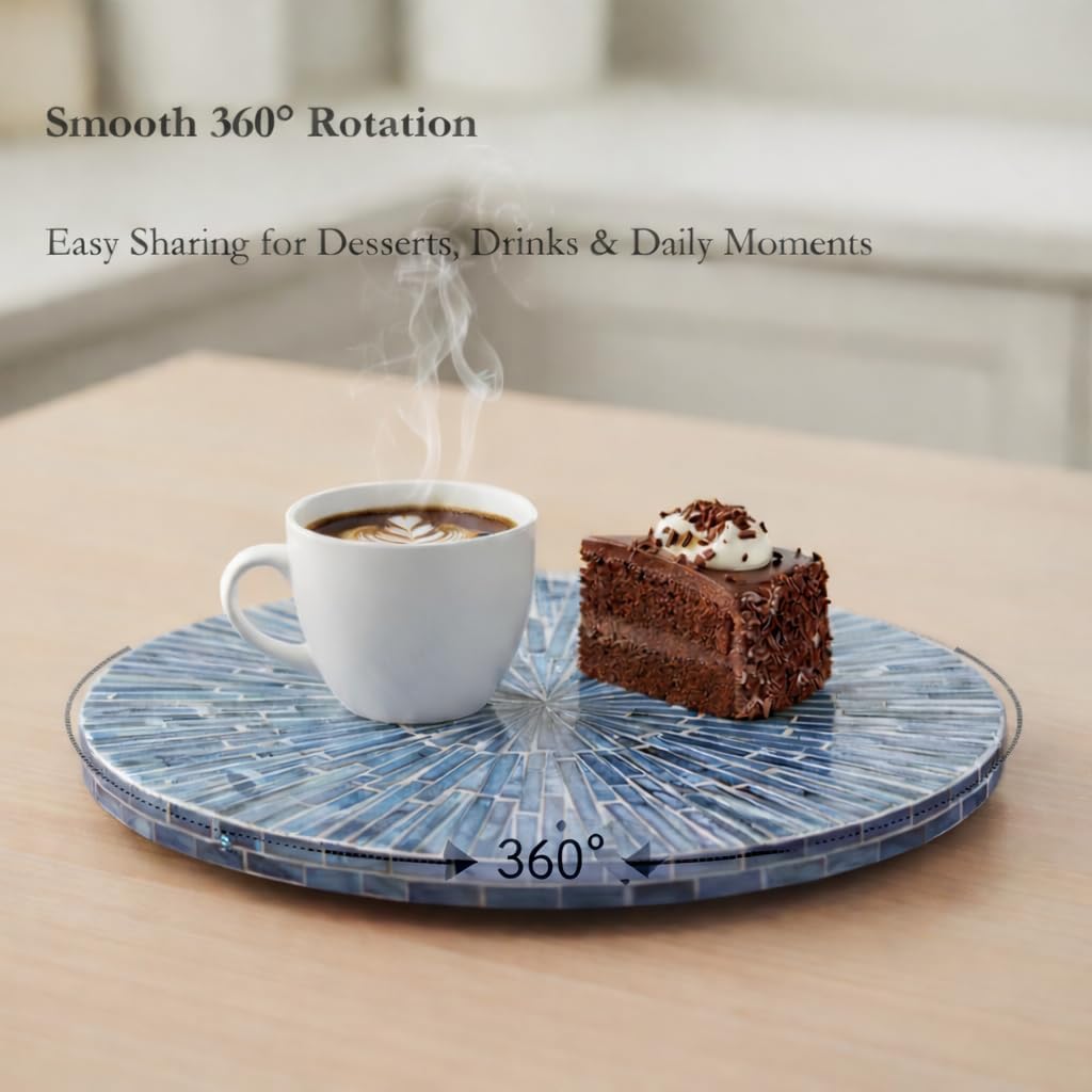 PEMAR 12.6” Handcrafted Mother of Pearl Blue Starburst Lazy Susan – Rotating Centerpiece for Dining Table, Elegant Beach House &amp; Farmhouse Home Décor, Luxury Hostess &amp; Housewarming Gift