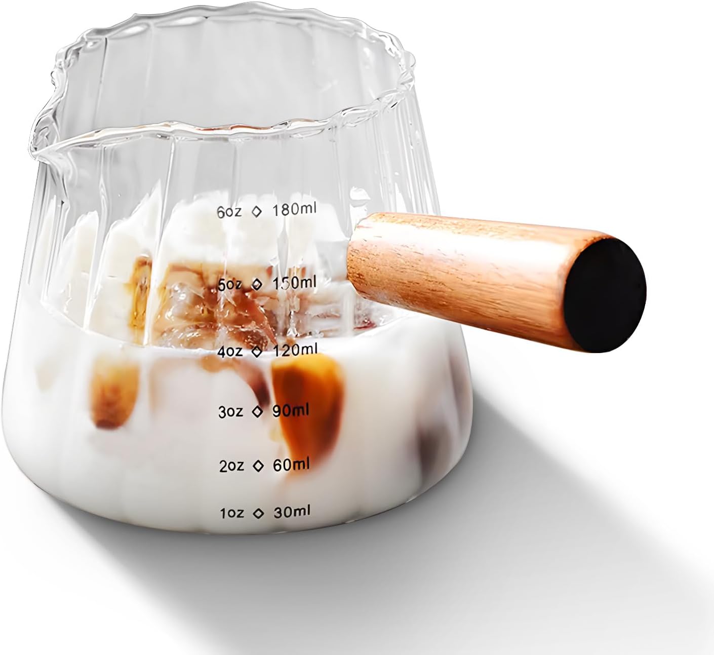 YARRAMATE 6 oz/180ML Glass Measuring Cup with Wooden Handle – Espresso Shot Cups, Ribbed Milk Frothi