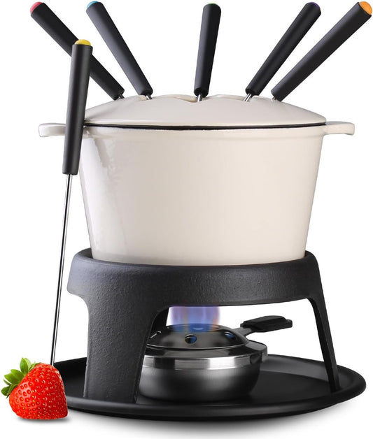 Artestia Cast Iron Cheese Fondue Pot Set for Chocolate Swiss Fondue Set Camping Fondue Set with 6 Fondue Forks, 11-Piece Cheese Fondue Set Serve 6 Persons (Pink)