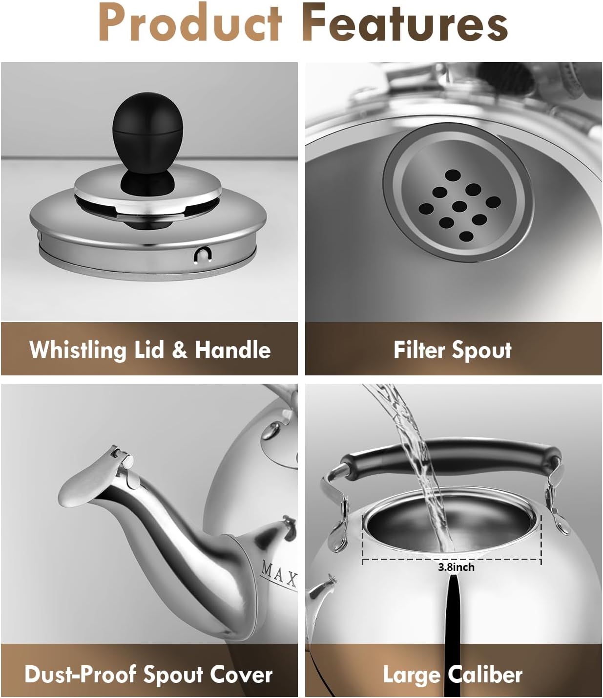 Stovetop Tea Kettle with Whistle - 2.0 Quart 18/8 Stainless Steel Tea Pot for Gas Stove &amp; Electric Coil Stovetop, Food-Safe, Easy-Pour Spout, Mirror Polished Classic Water Kettle