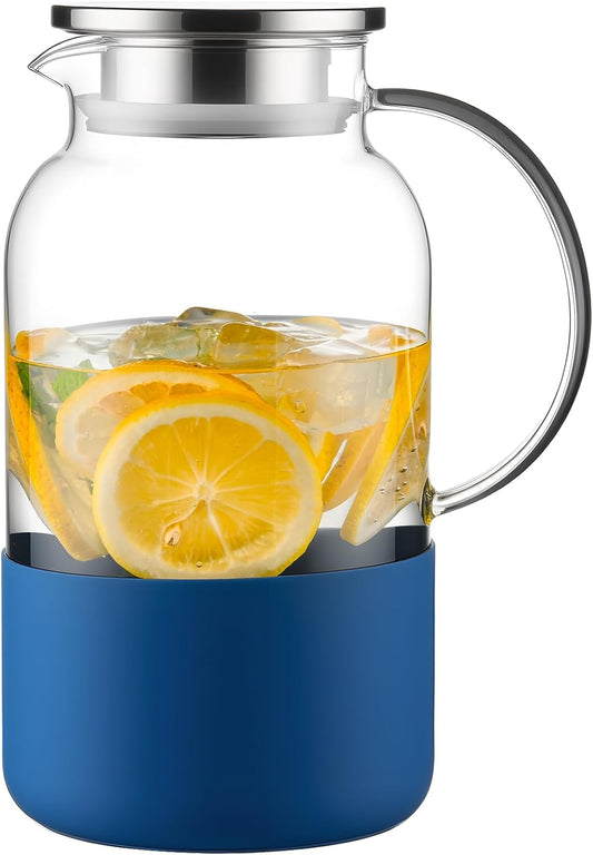 PARACITY Water Pitcher with Silicone Base 61oz/ 1.8L, Hot& Cold Glass Pitcher with Lid and Handle, Glass Carafe with Lid for