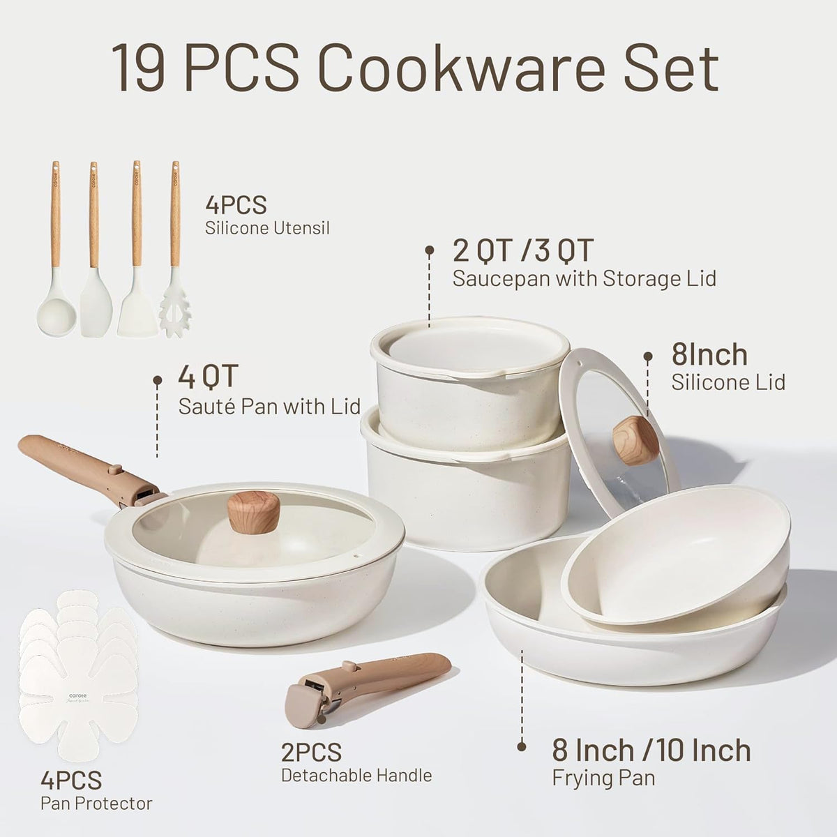 CAROTE 19pcs Pots and Pans Non Stick, Cookware Sets Detachable Handle, Induction Kitchen Pots and Pans,NonStick Cooking Set, Oven/Dishwasher/Fridge Safe, Space Saving