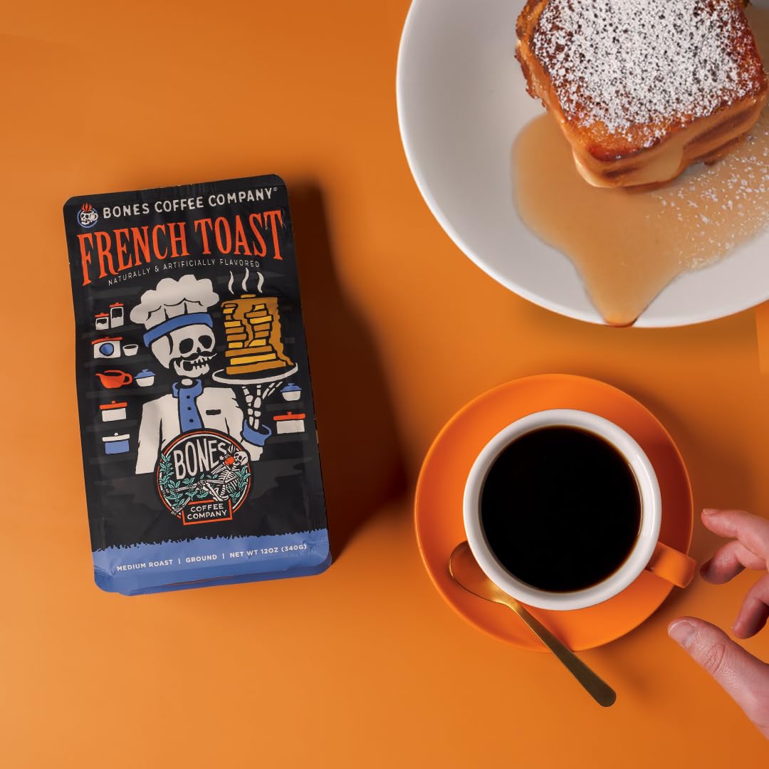 Bones Coffee Company French Toast, Sweet and Buttery Flavored Coffee, Medium Roast Low Acid Arabica Beans Compatible with Auto drip and French Press Coffee Maker, 12 Oz Ground