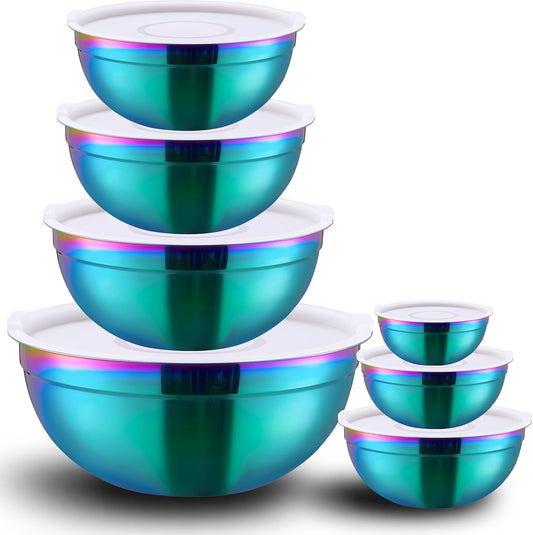 Rainbow Mixing Bowls with Lids Set of 7, Stainless Steel Nesting Bowl with Khaki Lid for Non-slip Mixing Prepping Storing