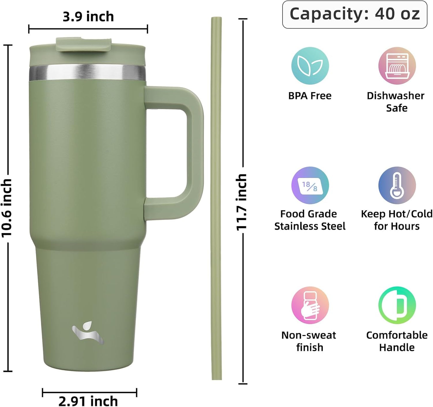 Konokyo 40 oz Insulated Tumbler Water Bottle with Handle, Straw Lid | BPA-free and dishwasher safe; made for gym, travel, coffee and gifting, 2 straws, cup holder friendly,Army Green