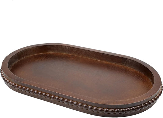 Oval Wood Decorative Tray with Wooden Beads, Vintage Serving Platter Tray for Ottoman, Coffee Table, Entertaining, Kitchen