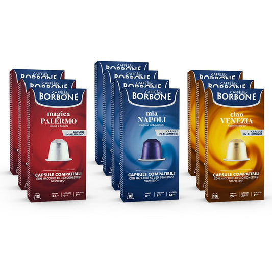 Caffè Borbone Aluminum Espresso Pods for Nespresso Coffee Machines, Intense, Smooth and Rich Italian Roast Coffee - Variety Pack - 100 Count (10 Packs of 10) - NOT compatible with Vertuo machines