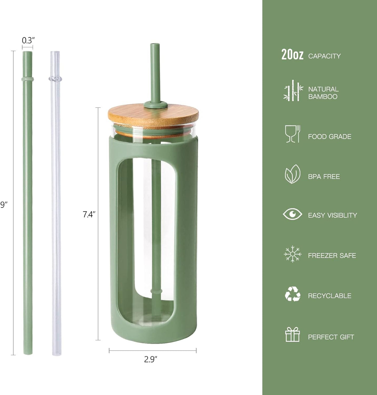 Kodrine 20oz Glass Tumbler with Straw and Lid, Iced Coffee Cups with Bamboo Lids, Glass Cups for Cold Drinks, Smoothie Cup with Silicone Sleeve for Travel, Work, BPA FREE-Olive