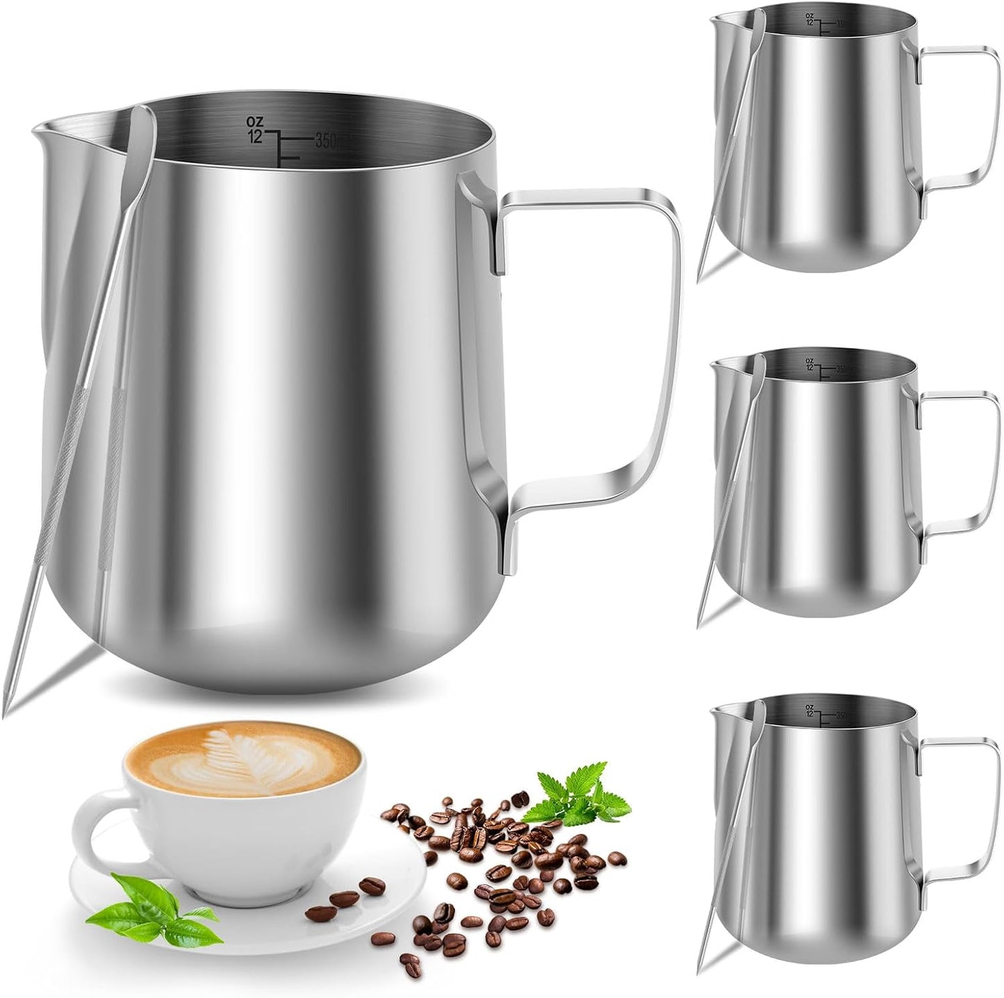 4PCS Milk Frothing Pitcher, 12oz/350ml Stainless Steel Milk Frother Cup, Espresso Coffee Jug for Latte Art Cappuccino, Barista Milk Cup with Decorating Pen for Home Barista and Coffee Bar