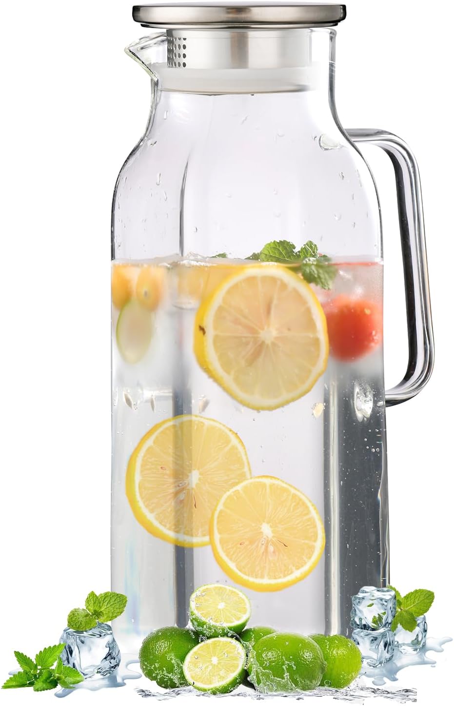 60 FL OZ (1.8L) Heat-resistant Glass Pitcher with Lid,Suitable for Refrigerators,with Handle.Can be Used for Gatherings and Family Dinners,for Tea,Coffee,Lemonade,Juice,Etc