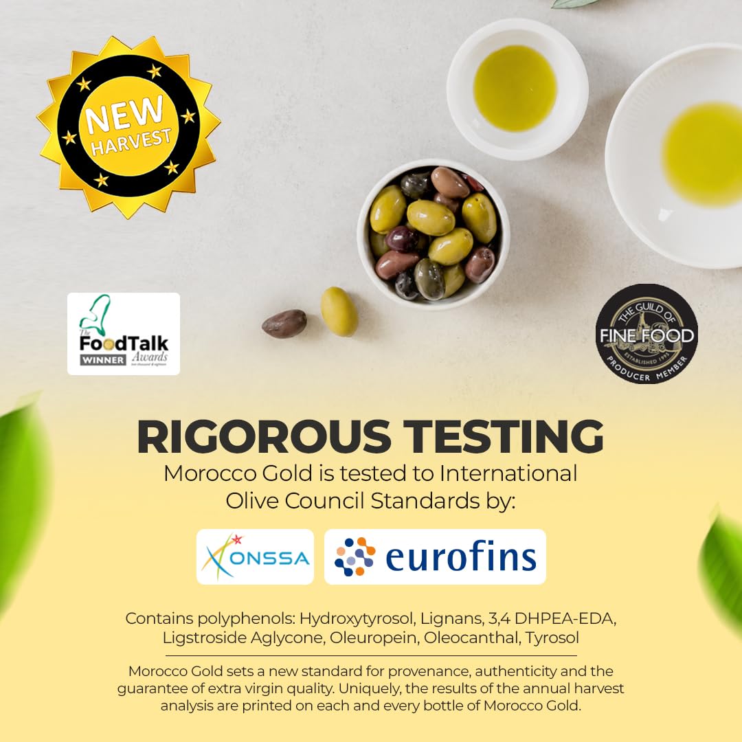 Morocco Gold New Harvest Extra Virgin Olive Oil – Cold Pressed – Polyphenol Rich 606mg/kg EVOO Fresh Harvest Pure and Natural. 6 x 500ml (Get 6 Bottles For The Price of 5)