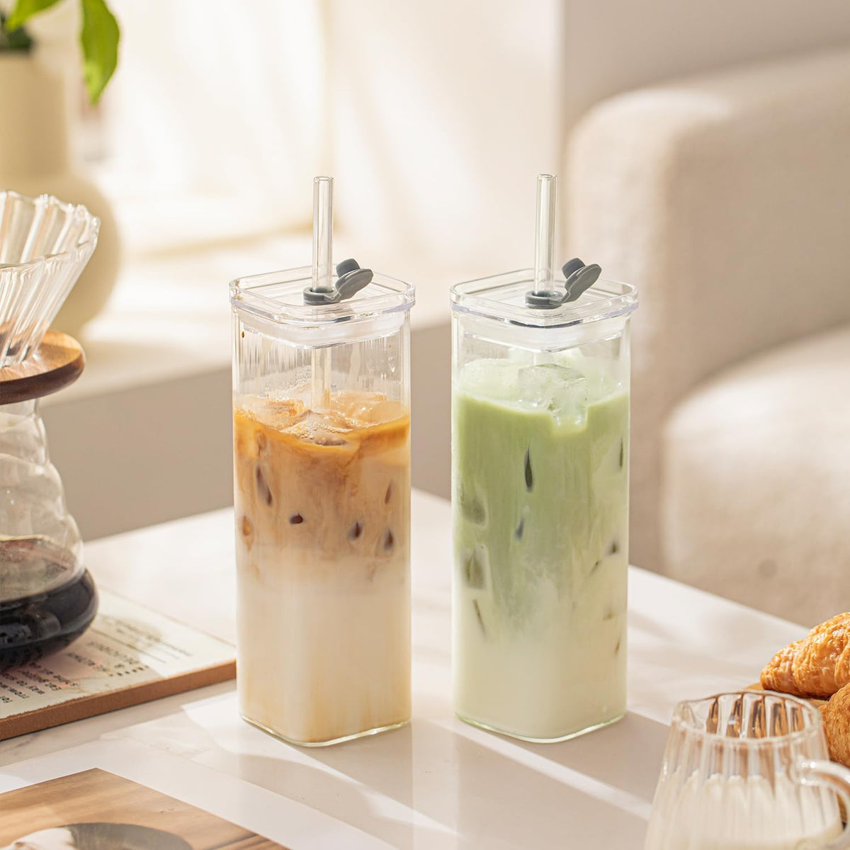 KEMORELA 6 Sets Square Drinking Glass Cups, Old Fashioned Glasses, 17 Oz Square Glasses, Clear Highball Modern Glassware Tumbler Mixed Drinkware with Straws for Cocktail Coffee Juice(Square-6PCS)