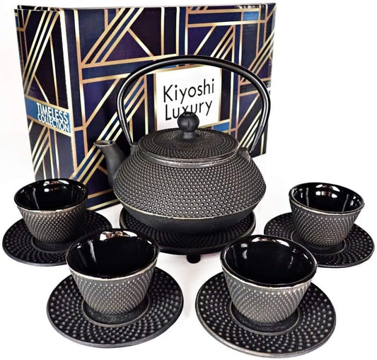 Large 11PC Japanese Tea Set "Gashu Black" Cast Iron Tea Pot 26Oz with 4 Tea Cups (2Oz each), 4 Saucers, Loose Leaf Tea